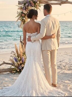 New Lulu's Ivory Imani Strapless Fitted  Lace Mermaid Wedding Dress Sz Medium